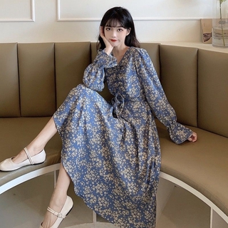 Đầm Thời Trang Thu Đông Họa Tiết Hoa Phong Cách Retro Hàn Quốc