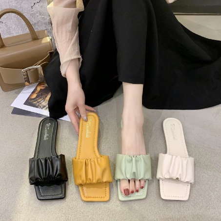 Dép Quai Ngang Nữ Bèo Nhún Tiểu Thư - Dép Lê Nữ Mũi Vuông Nhún Bèo Sành Điệu Mang Cực Êm Chân