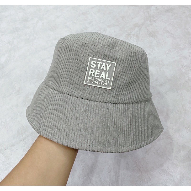 Mũ bucket vành cụp, nón tai bèo thêu tem STAY REAL chất nhung tăm cao cấp trơn nhiều màu unisex