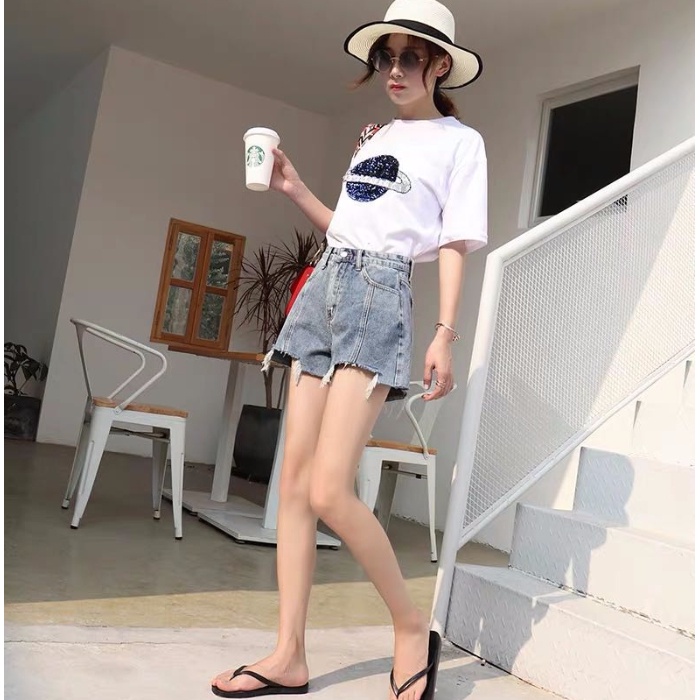 Quần Short Denim Lưng Cao Thời Trang Hàn Quốc Dành Cho Nữ