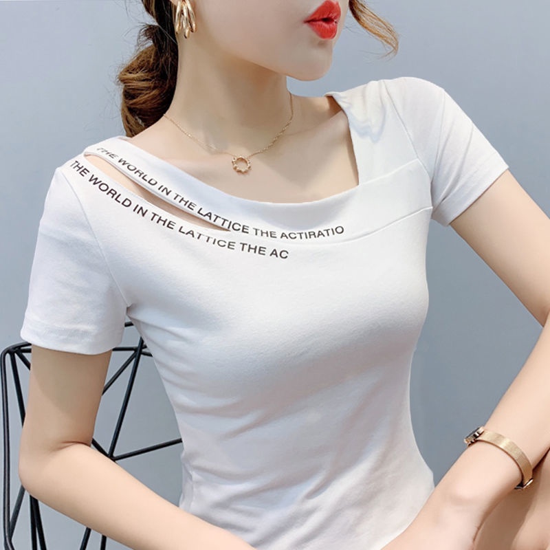 Áo Thun Cotton Ngắn Tay Dáng Ôm Thiết Kế Lệch Vai Độc Đáo Thời Trang Cho Nữ