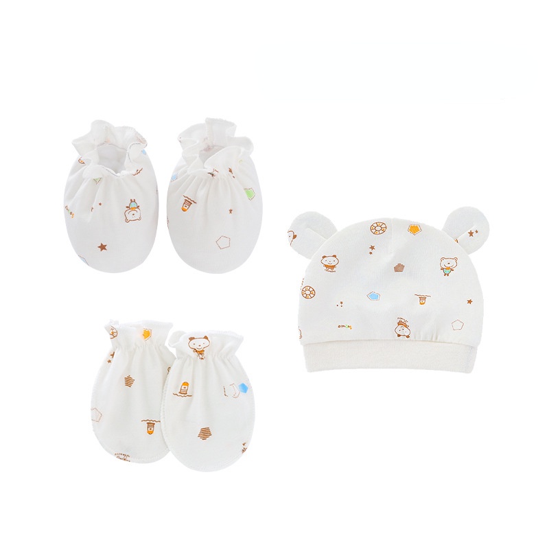 Bộ Nón Cotton + Găng Tay + Vớ In Họa Tiết Hoạt Hình Dễ Thương Thiết Yếu (3 Trong 1) Cho Bé Sơ Sinh 0-6 Tháng