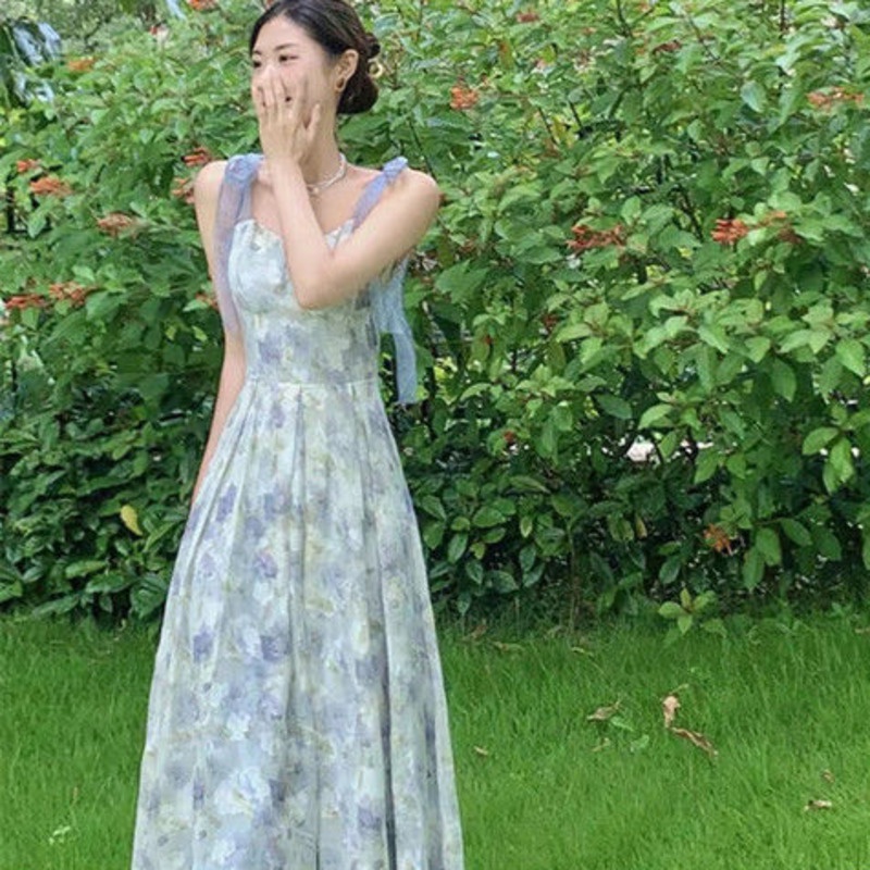 Đầm Dây Phong Cách Hàn Quốc 178545 Đầm Chữ a Dáng Dài Họa Tiết Hoa Xinh Xắn Thời Trang