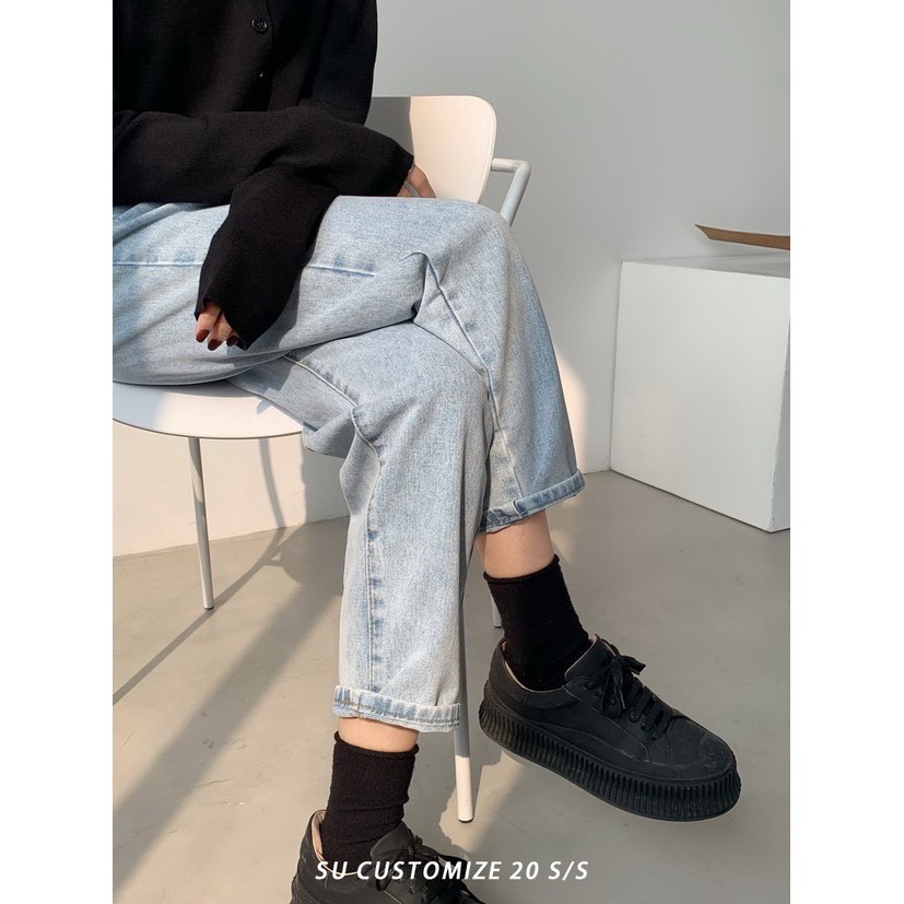 (Size 30-36) Quần Baggy Jean Cotton Trơn - Lưng Cao Trên Rốn - Không Giãn Xanh Đá Thời Trang