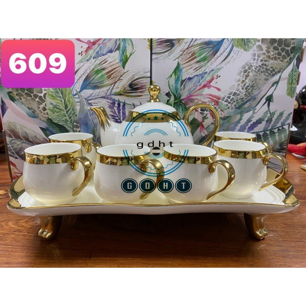 [ kèm ảnh thật ] Bộ bình cốc 609 sứ kèm khay cao cấp màu trắng viền vàng