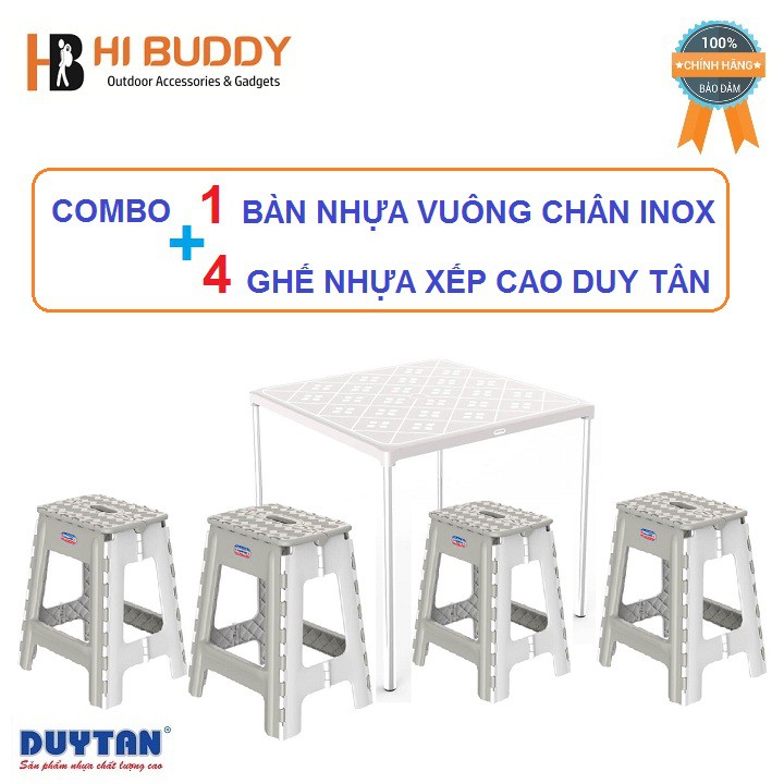 Combo 1 Bàn vuông chân Inox cao cấp + 4 Ghế nhựa cao xếp Duy Tân