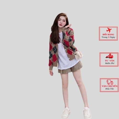 Áo Cardigan Dệt Kim Tay Dài Cổ Chữ V Họa Tiết Hình Thoi Quả Trám Phong Cách Hàn Quốc thời trang nữ yolo fashion