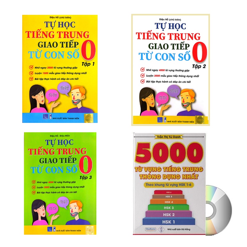 Sách-Combo: Tự học tiếng trung giao tiếp từ con số 0 tập 1+2+3 +5000 từ vựng tiếng trung thông dụng+ DVD