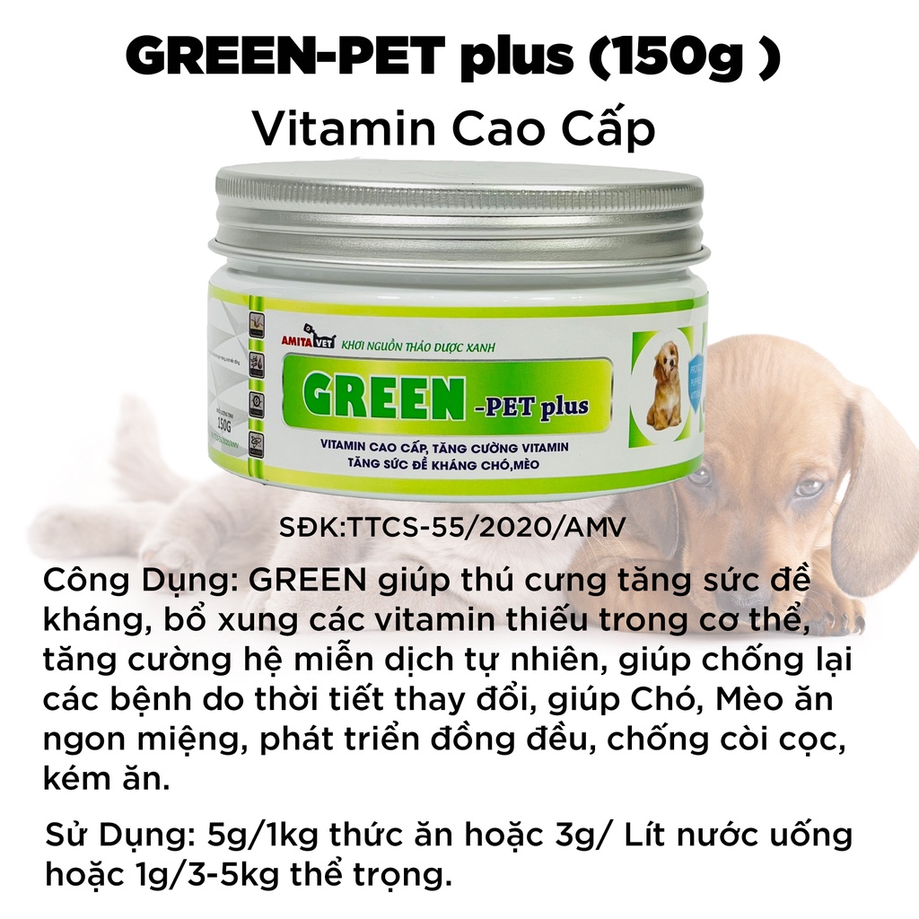 Vitamin cho chó mèo GREEN Pet-Plus 35g Từ AMITAVET giúp thú cưng tăng đề kháng bổ xung vitamin ăn ngon phát triển tốt