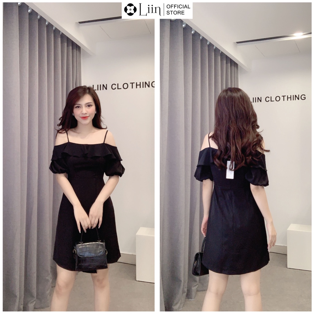 Đầm nữ dáng ôm 2 Dây màu Đen Bèo trẻ trung, duyên dáng Liin Clothing D6356
