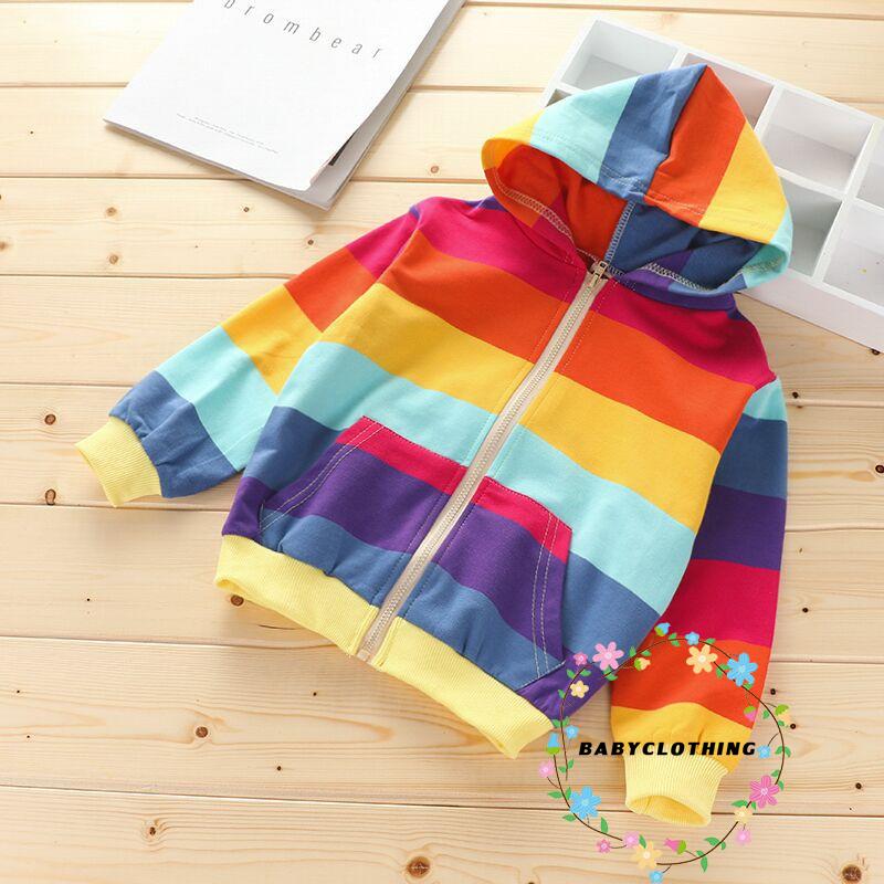 Áo Khoác Hoodie Dài Tay Họa Tiết Sọc Cầu Vồng Thời Trang Cho Bé Gái