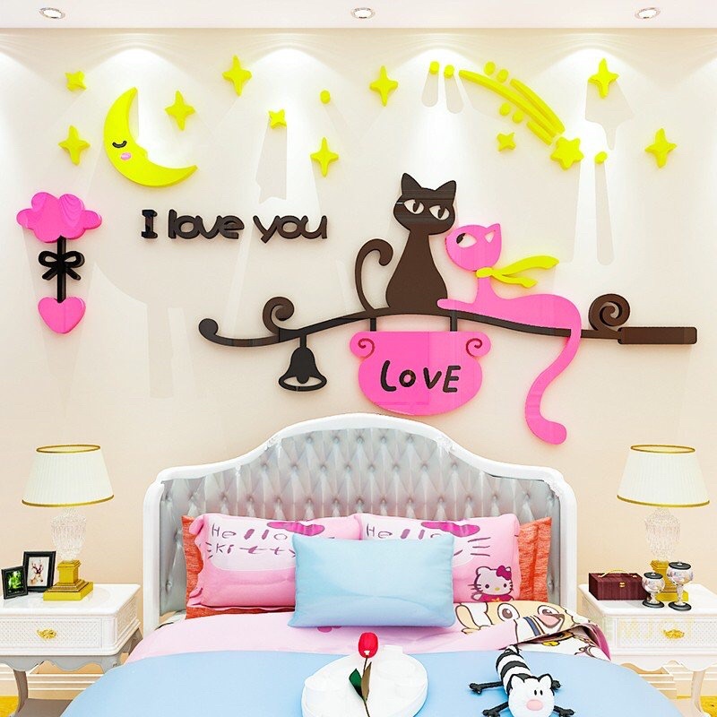 Tranh dán tường mica dán nổi đôi mèo love trang trí phòng ngủ