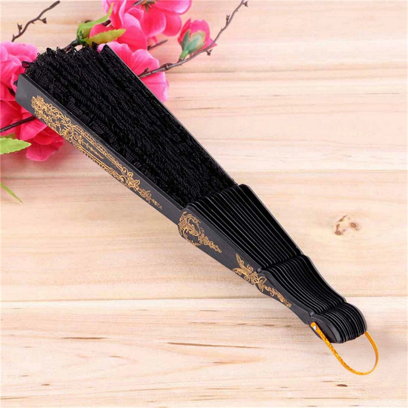 Set 2 Quạt Xếp Cầm Tay Bằng Vải Lụa Phối Ren Màu Đen Phong Cách Tây Ban Nha Dùng Để Múa / Tiệc Cưới