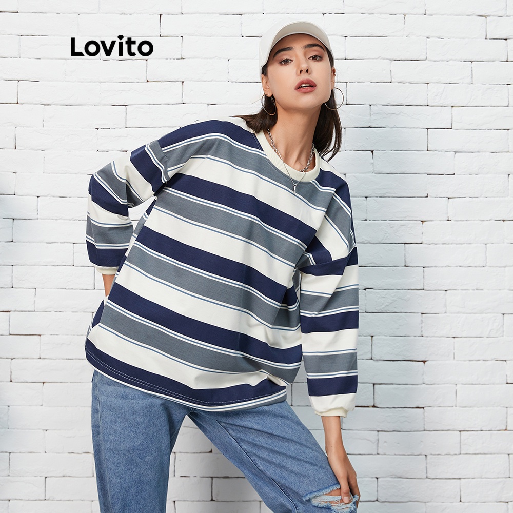 Áo nỉ Lovito L07016 cổ tròn họa tiết sọc thời trang cơ bản thông thường (Màu xanh lam)