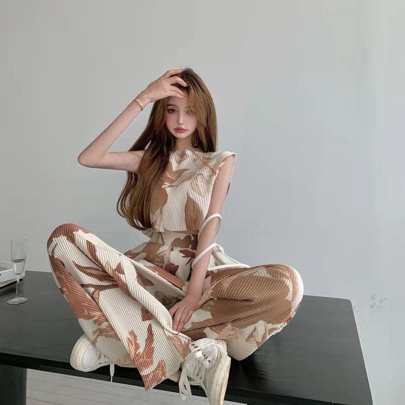 Set Áo Sát Nách In Họa Tiết + Quần Dài Ống Rộng Thời Trang Cho Nữ