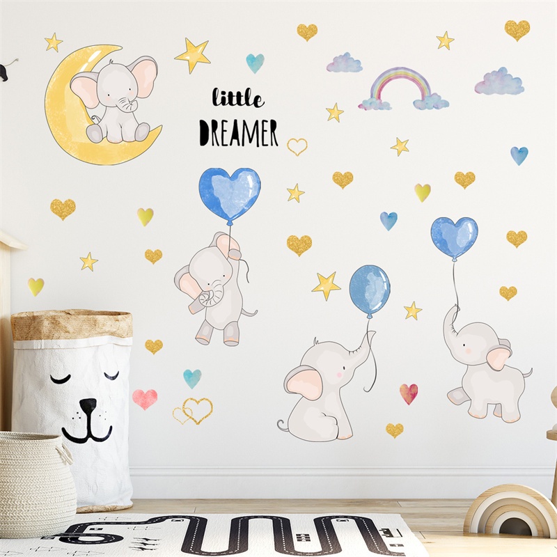 Sticker Dán Tường Họa Tiết Chú Voi Và Bong Bóng Dễ Thương Trang Trí Phòng Ngủ Trẻ Em