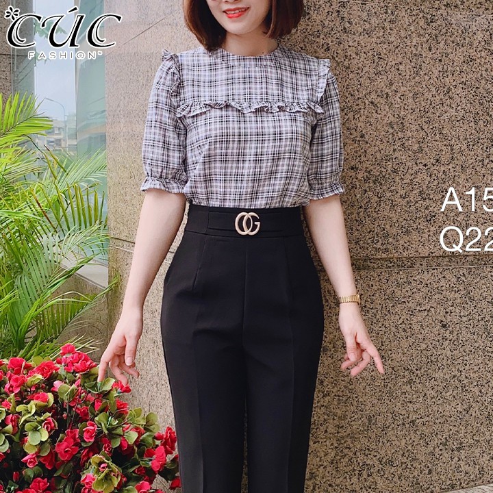 Áo sơ mi nữ cao cấp công sở Cúc Fashion A156 áo somi kẻ bèo