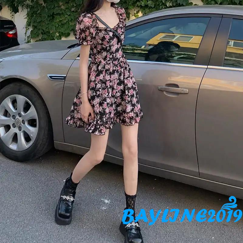 Đầm chữ A tay ngắn cổ vuông lưng cao thời trang mùa hè dành cho nữ