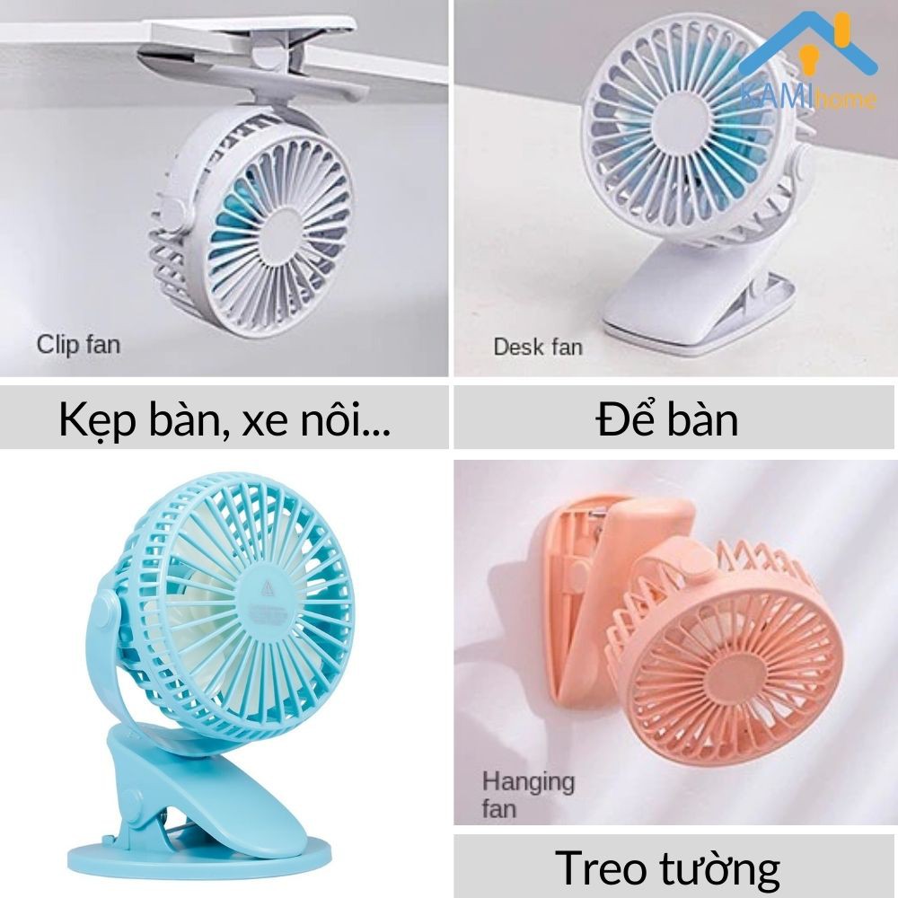 Quạt kẹp bàn mini kẹp xe đẩy cho bé hình Vuông Pin sạc tích điện quạt cầm tay có đèn ngủ mã 17025