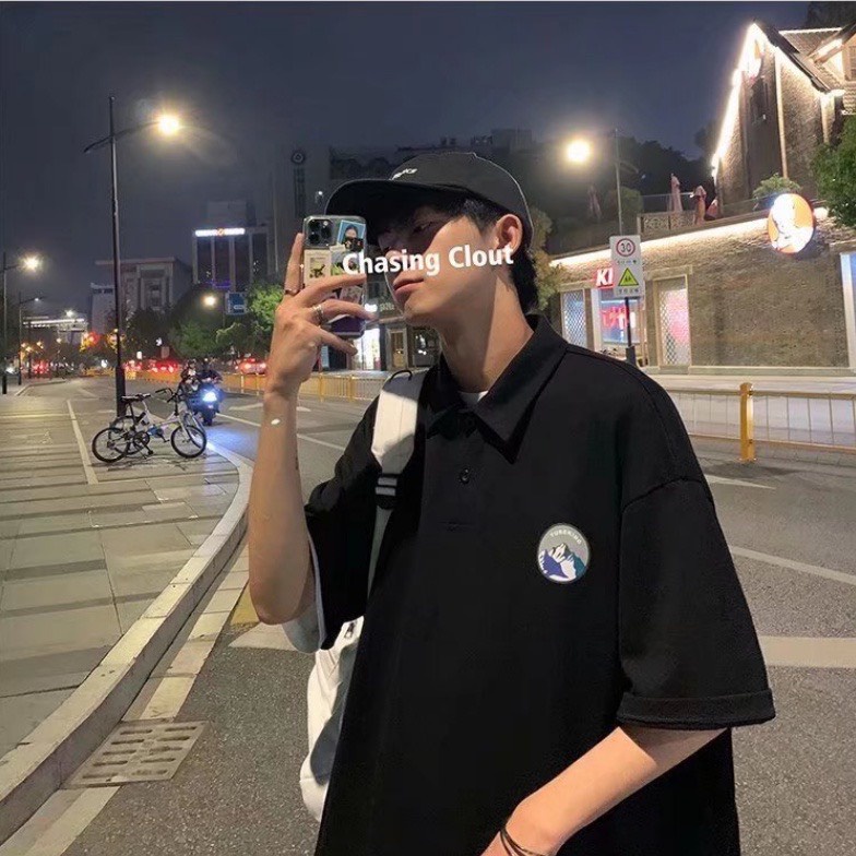 Áo polo tay lỡ,áo thun tay lỡ hình in núi trước ngực phong cách unisex nam nữ mặc cực chất.