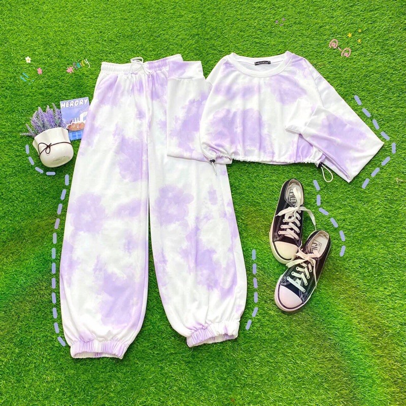 Set áo croptop loang màu + jogger loang/ tiedye