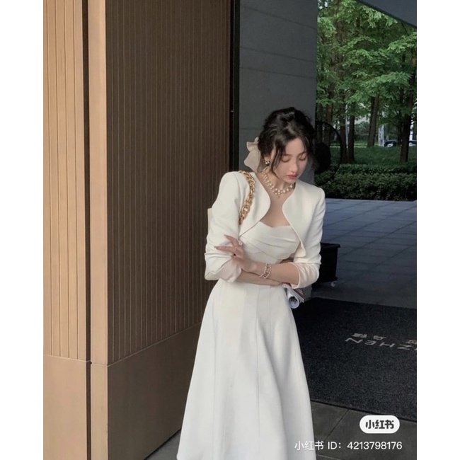 SET ĐẦM MIDI 2 DÂY XOĂN NGỰC + ÁO KHOÁC CROPTOP