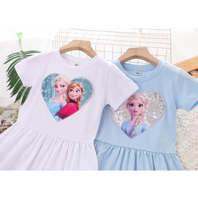 Váy Elsa ngắn tay chất cotton đính Sequin lấp lánh cho bé gái