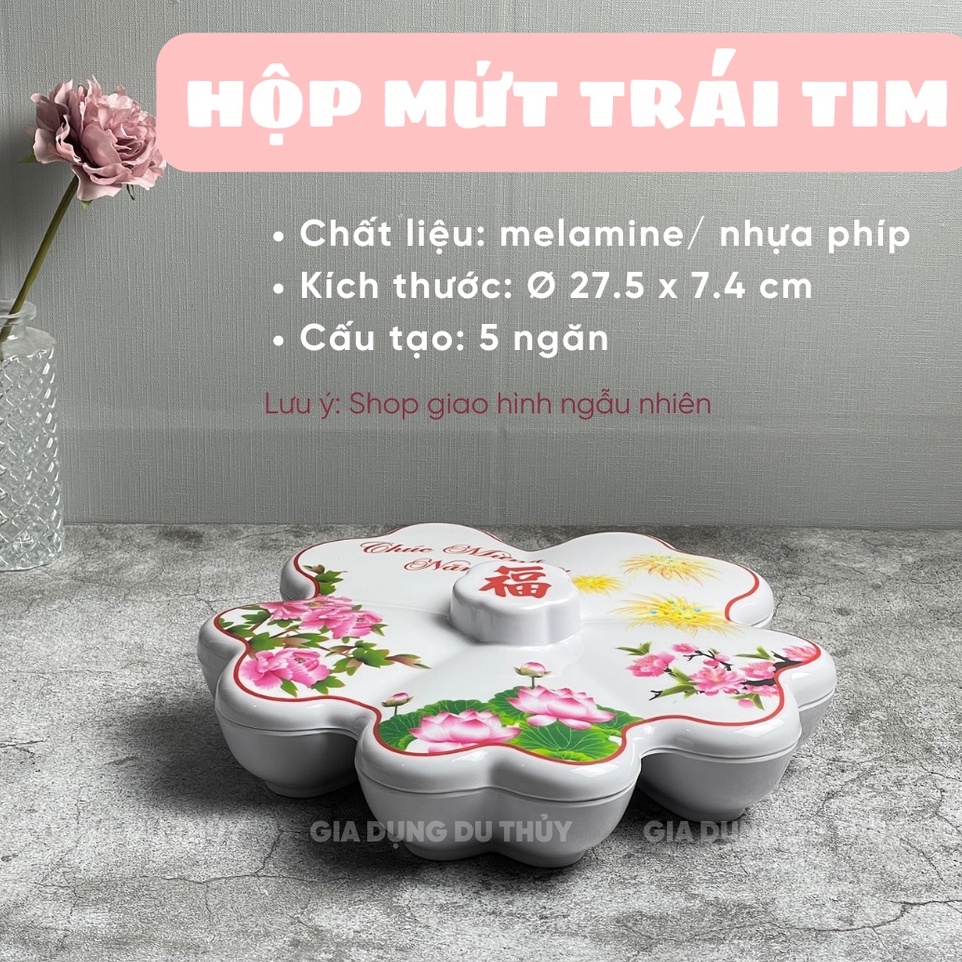 Hộp đựng mứt tết nhiều ngăn nhựa cao cấp họa tiết hoa đào, hoa mai, dưa hấu màu hồng màu đỏ