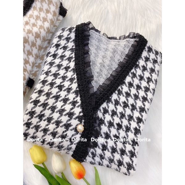 Áo dạ viền voan cúc ngọc Hàn Quốc, Áo Khoác Dạ Tweed hàng Quảng Châu - Dorita Boutique