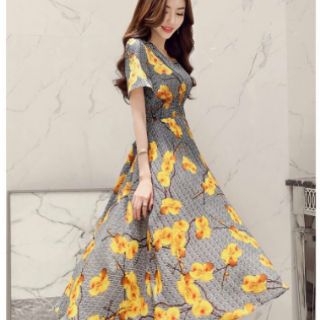 Đầm hoa cổ V dáng dài cao cấp