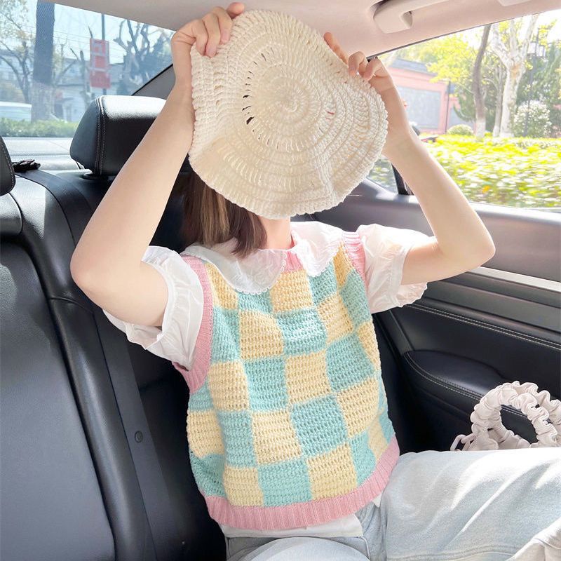 Áo Dệt Kim Sát Nách Sọc Ca Rô Phối Màu Tương Phản Cá Tính Thời Trang Hàn Quốc Cho Nữ