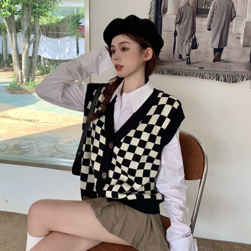 172907 |Màu Đen| Áo Len Không Tay Cổ Chữ V Họa Tiết Sọc Caro Dễ Phối Đồ