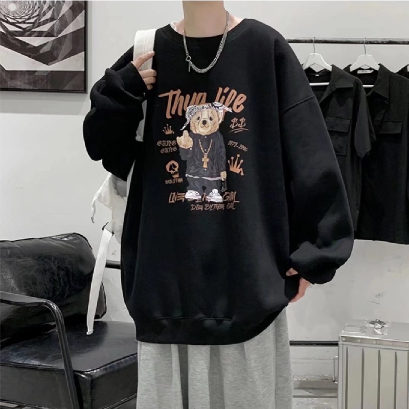 Áo sweater tay dài cổ tròn dáng rộng in họa tiết gấu hoạt hình phong cách Nhật Bản thời trang thu đông cho nam và nữ size M-5XL