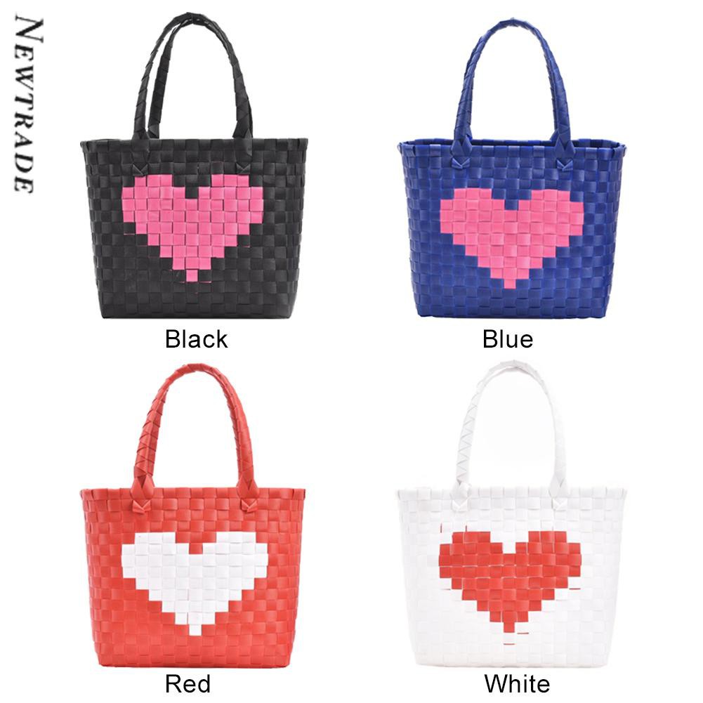 Women Heart Woven Contrast Color Handbag Top-handle Shopping Bag