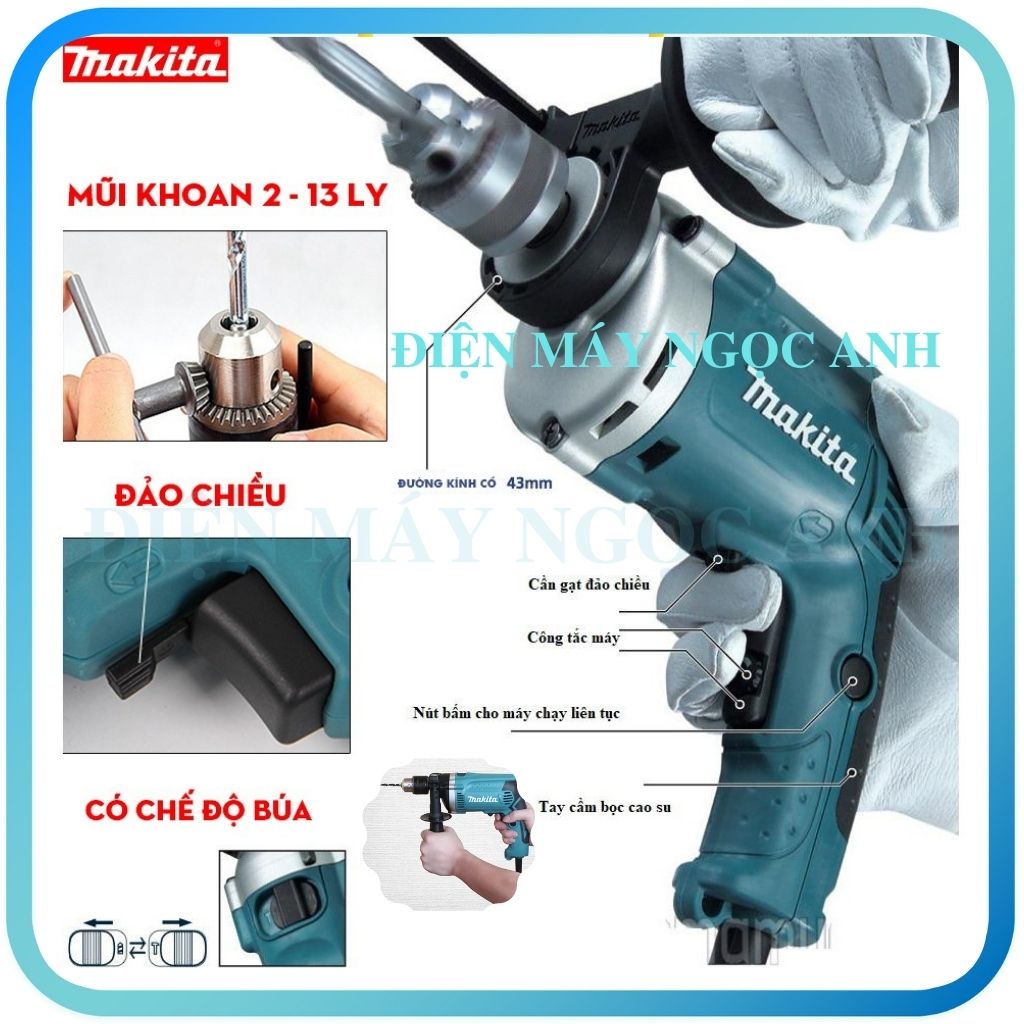 Máy khoan đục bê tông tường cầm tay bắn bắt vặn vít Makita HP1630 điện mini đa chức năng giá rẻ