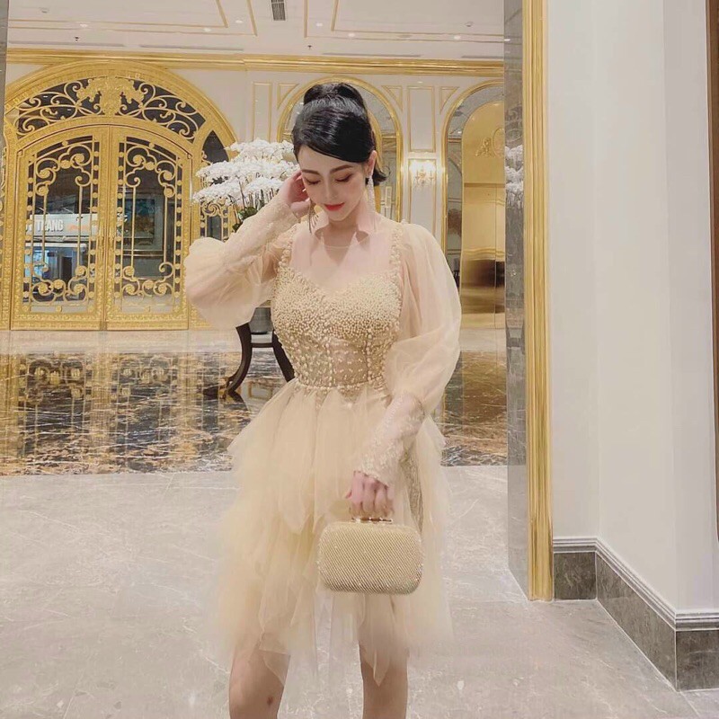 Đầm xoè tay phồng đính cườm ( ảnh và video thật 10000%)