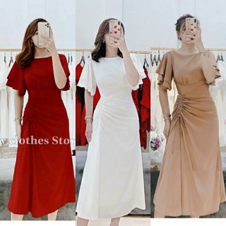Đầm nữ - váy midi trắng rút dây hông -hồng xanh nude đỏ trắng - gd051