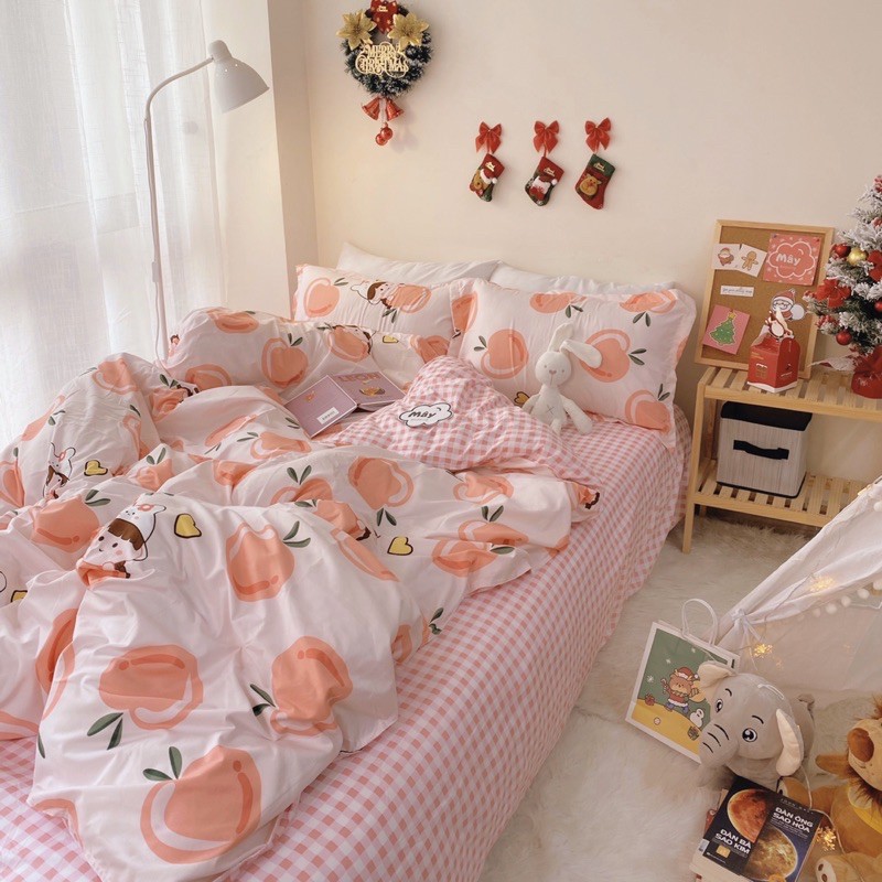 Bộ chăn ga gối Cotton Poly họa tiết quả đào màu hồng cam MÂY BEDDING đủ kích thước nệm | BigBuy360 - bigbuy360.vn