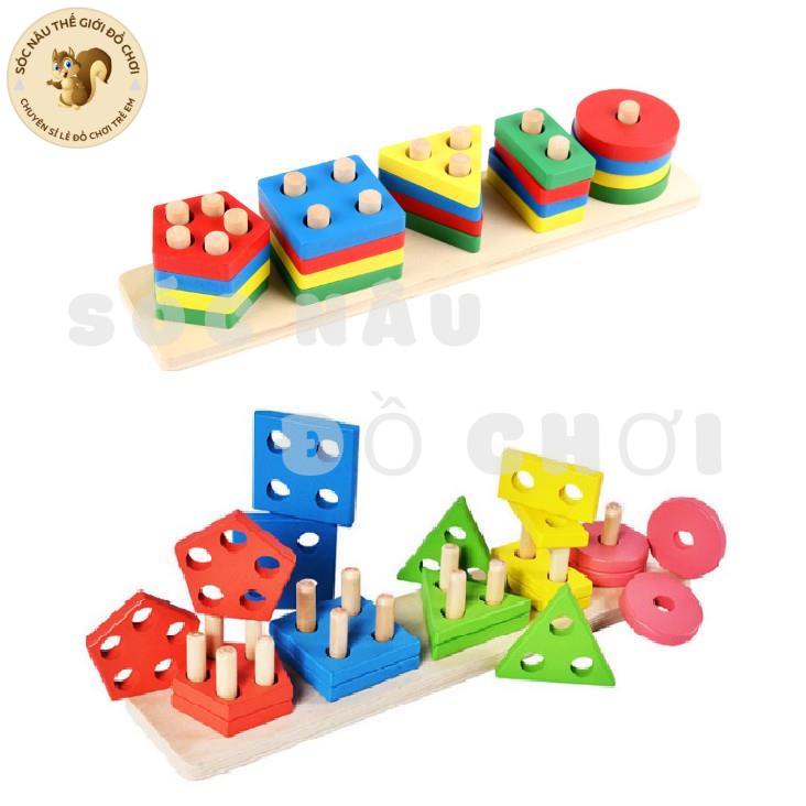 Đồ chơi thả hình 5 trụ cọc thanh ngang gỗ cho bé nhận diện hình dạng màu sắc rèn luyện sự kiên nhẫn tỉ mỉ G40