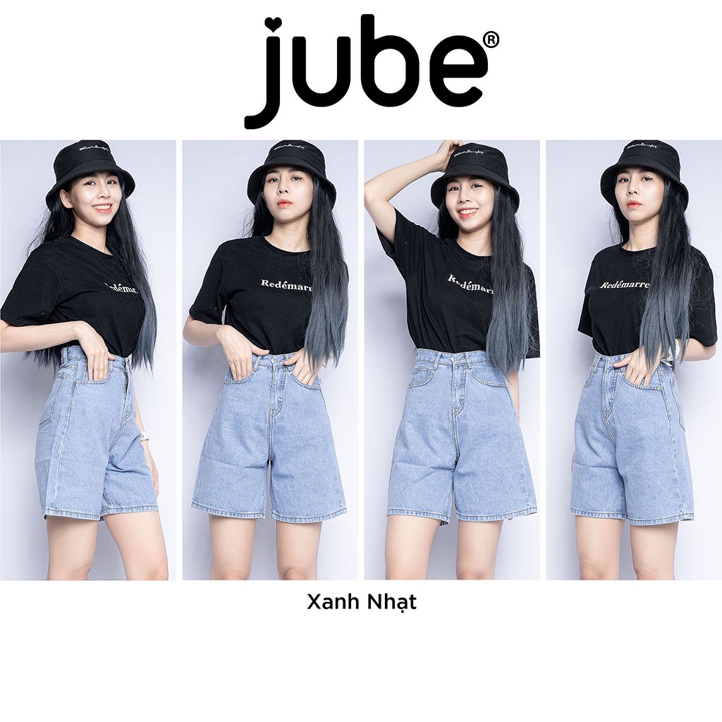 Quần Ngố Jean Nữ Lưng Cao Ống Rộng JUBE Vol.60, Quần Lửng Nữ Trơn Lai Cuốn Vải Jean Không Co Giãn BST Good Girl Gone Bad