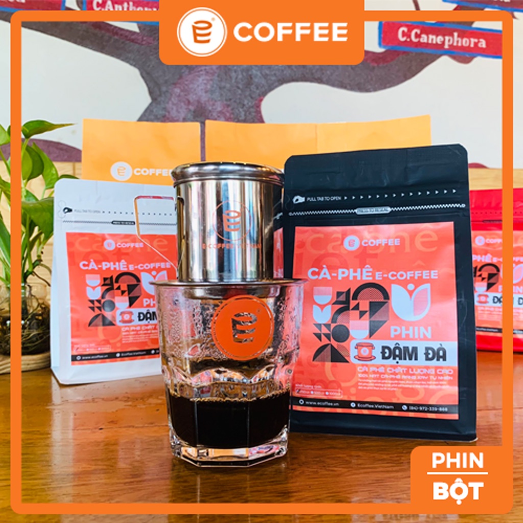 Cà phê cafe nguyên chất pha phin E COFFEE gói 250gr kèm 10 phin giấy tiện lợi, dòng cafe phin blend Robusta và Arabica