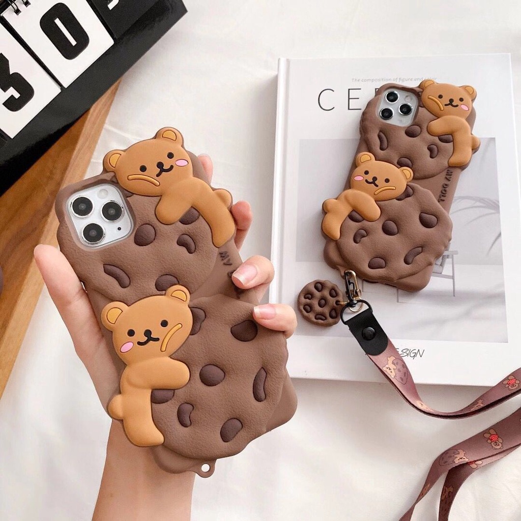 Ốp Lưng Silicone Chống Sốc Hình Gấu Bánh Quy Với Dây Đeo Cho Iphone 11 Pro Max X Xs Xr Xsmax 6 6s 7 8 Plus