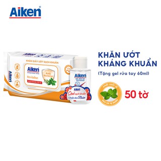 Khăn Ướt Sạch khuẩn chiết xuất bạc hà Aiken 50 tờ - Tặng Gel rửa tay 60ml
