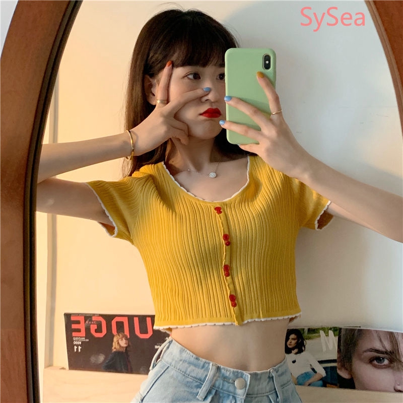 Áo Croptop Dệt Kim Tay Ngắn Thiết Kế Cổ Chữ V Quyến Rũ Cho Nữ