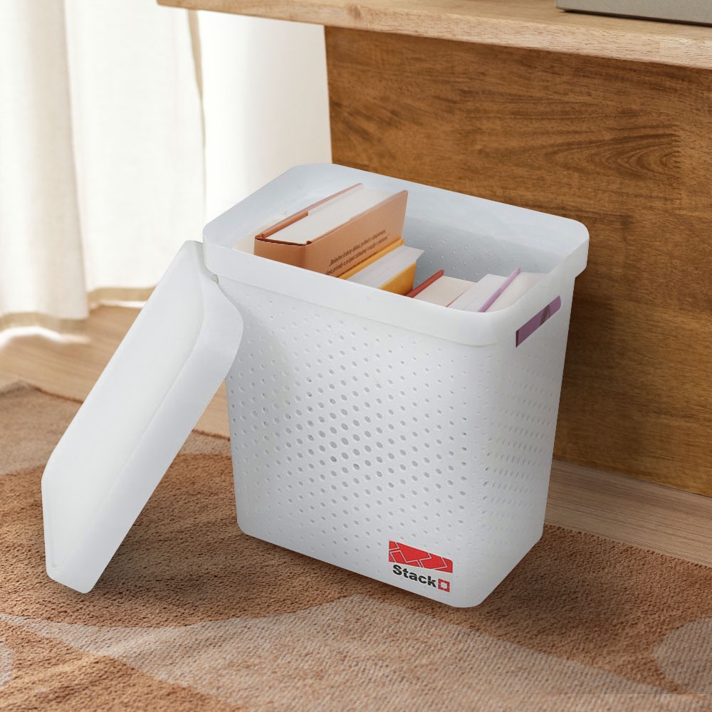 HomeBase STACKO Rổ nhựa đan tre có nắp size L Thái Lan R33xS22xC31.6cm màu trắng