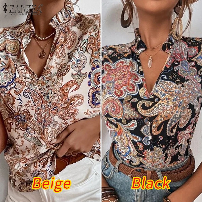 Áo sơ mi ZANZEA tay ngắn cổ chữ V in họa tiết phong cách bohemia thời trang dành cho nữ