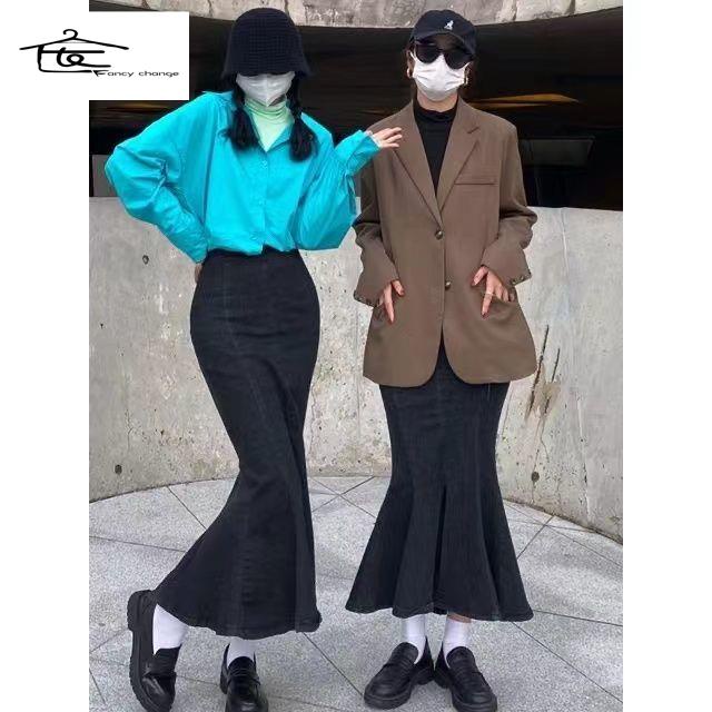 Chân Váy Denim Đuôi Cá Lưng Cao Dáng Chữ a Xẻ Tà Phong Cách Retro 150 Mẫu Mới Cho Nữ xs