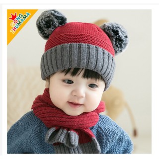 Mẫu Mới - Set Mũ Len Kèm Khăn Quàng Cổ Cho Bé,Nón Len Kèm Khăn 2 Quả Bông Cho Bé Trai/Bé Gái MS02