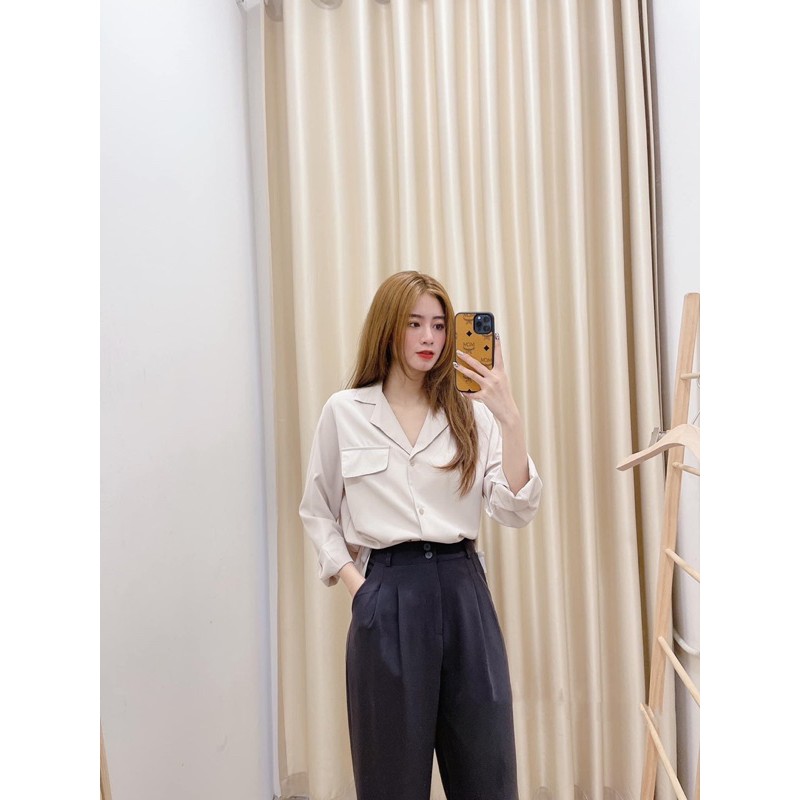 Sơ mi cổ vest chất lụa Hàn không nhăn nắp túi cực tây