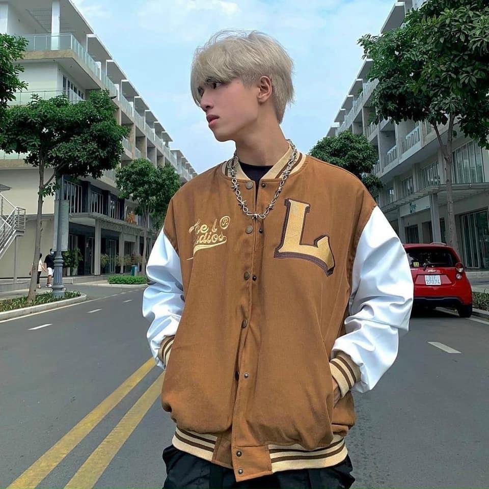 Áo Khoác Bombres Phối Tay Chất Vải Da Lộn Form Rộng In Hình Chữ L Cực COOL